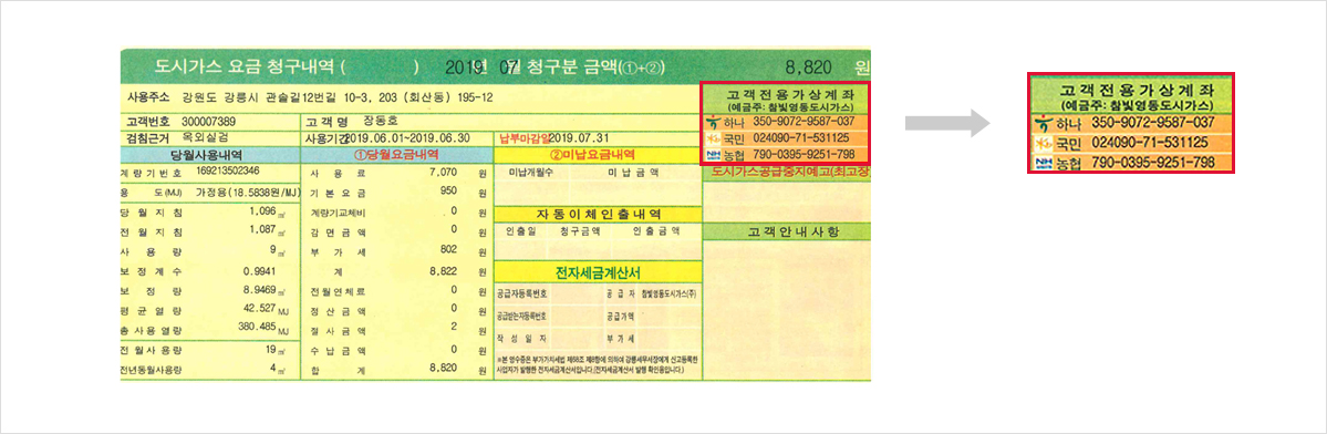 도시가스 요금 청구내역 영수증, 고객전용가상계좌 안내