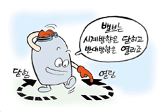 용기밸브 이미지(밸브는 시계방향은 닫히고 반대방향은 열리죠)